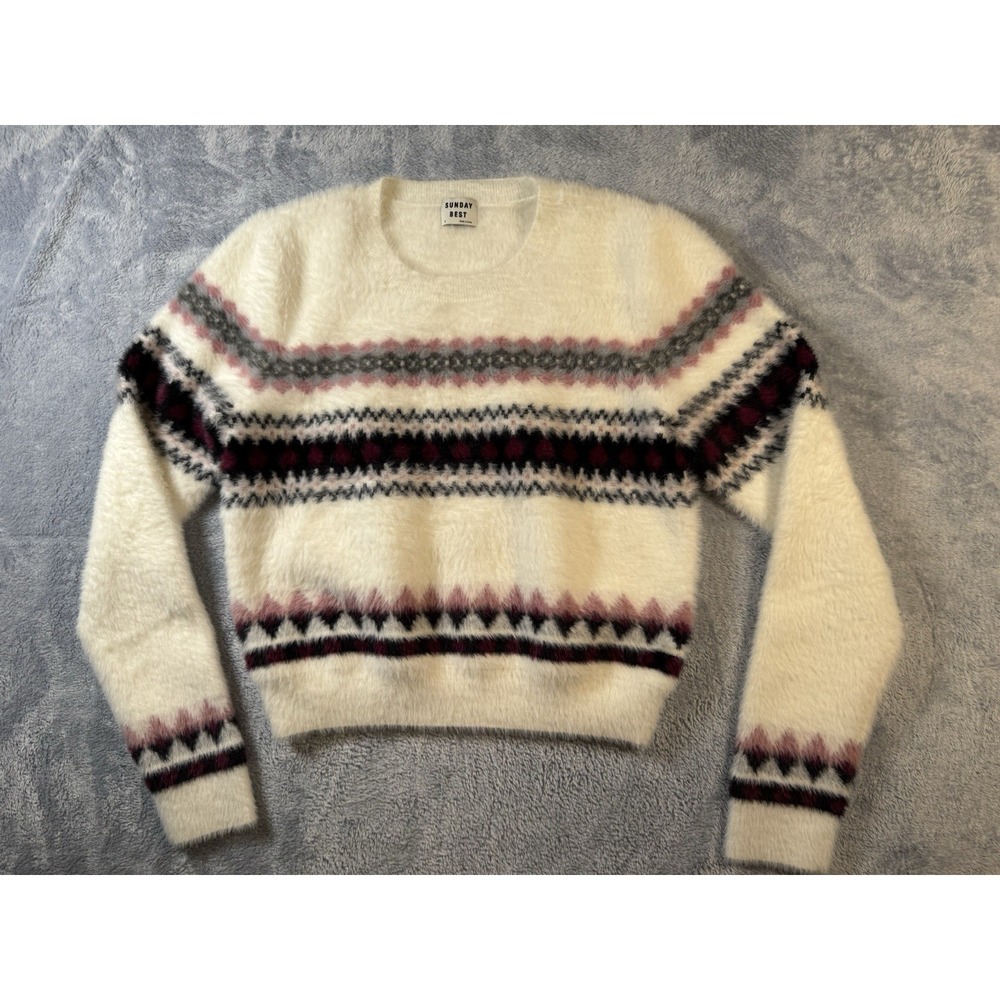 Sunday Best Women's Cream Fair Isle Knit Crew Neck Long Sleeve Pullover Sweater